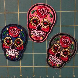 Set of 3 Rose Sugar Skull Embroidered Patches Goth Punk Rockabilly Hot Topic
